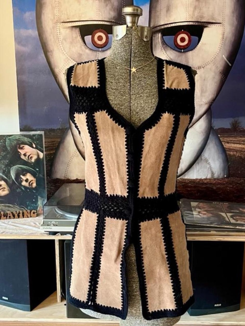 Vintage Tan and Black Crochet-Trim Sleeveless Tunic Vest